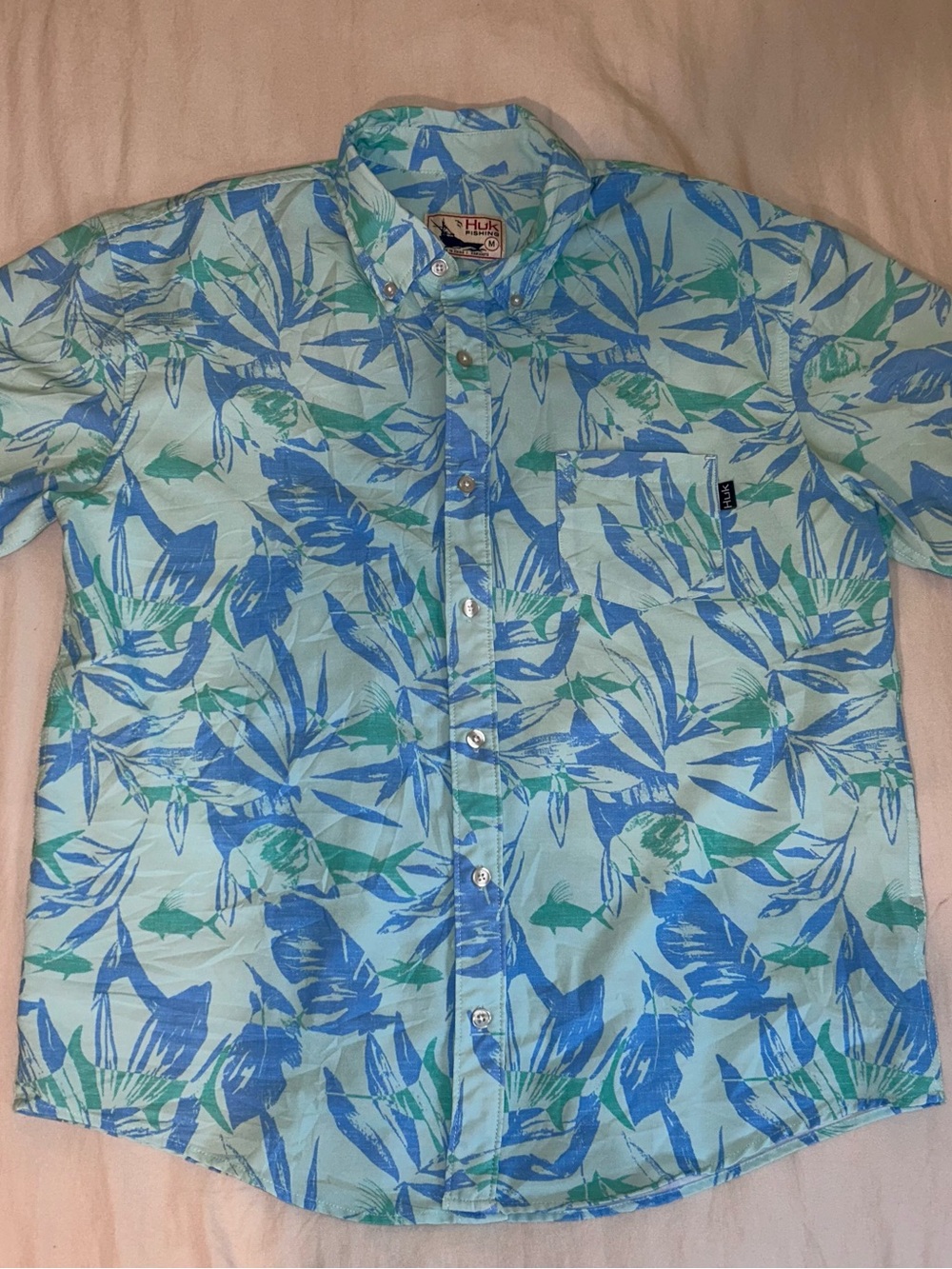 Huk Men’s Kona Print Fishing Shirt Light Blue & Green Medium Button Up Gorpcore